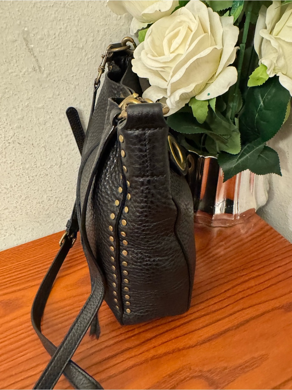 Rebecca Minkoff Black Pebbled Leather Crossbody with Gold Ring Detail - Picture 6 of 13